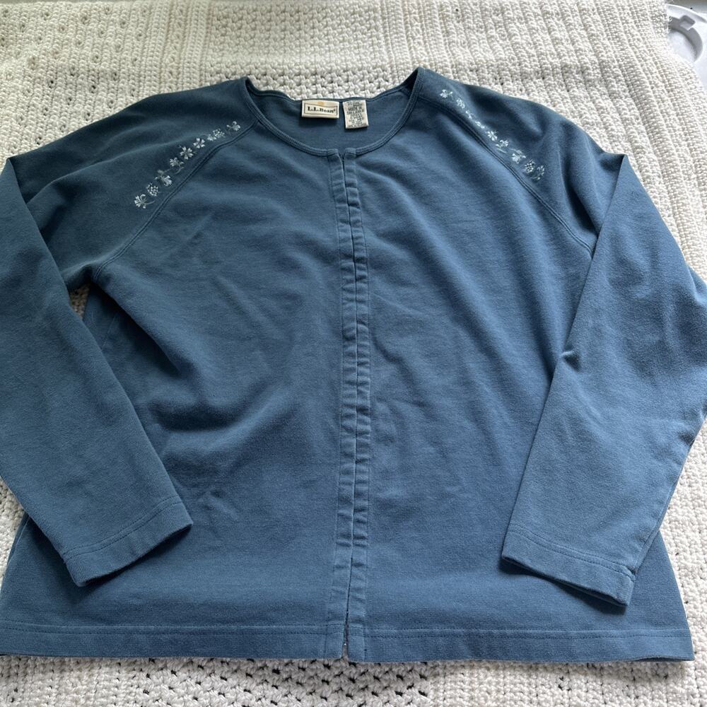 Vintage LL Bean Grandmacore Cottage Core Teal Cotton Cardigan Y2K Hook&Eye Med - Picture 2 of 13
